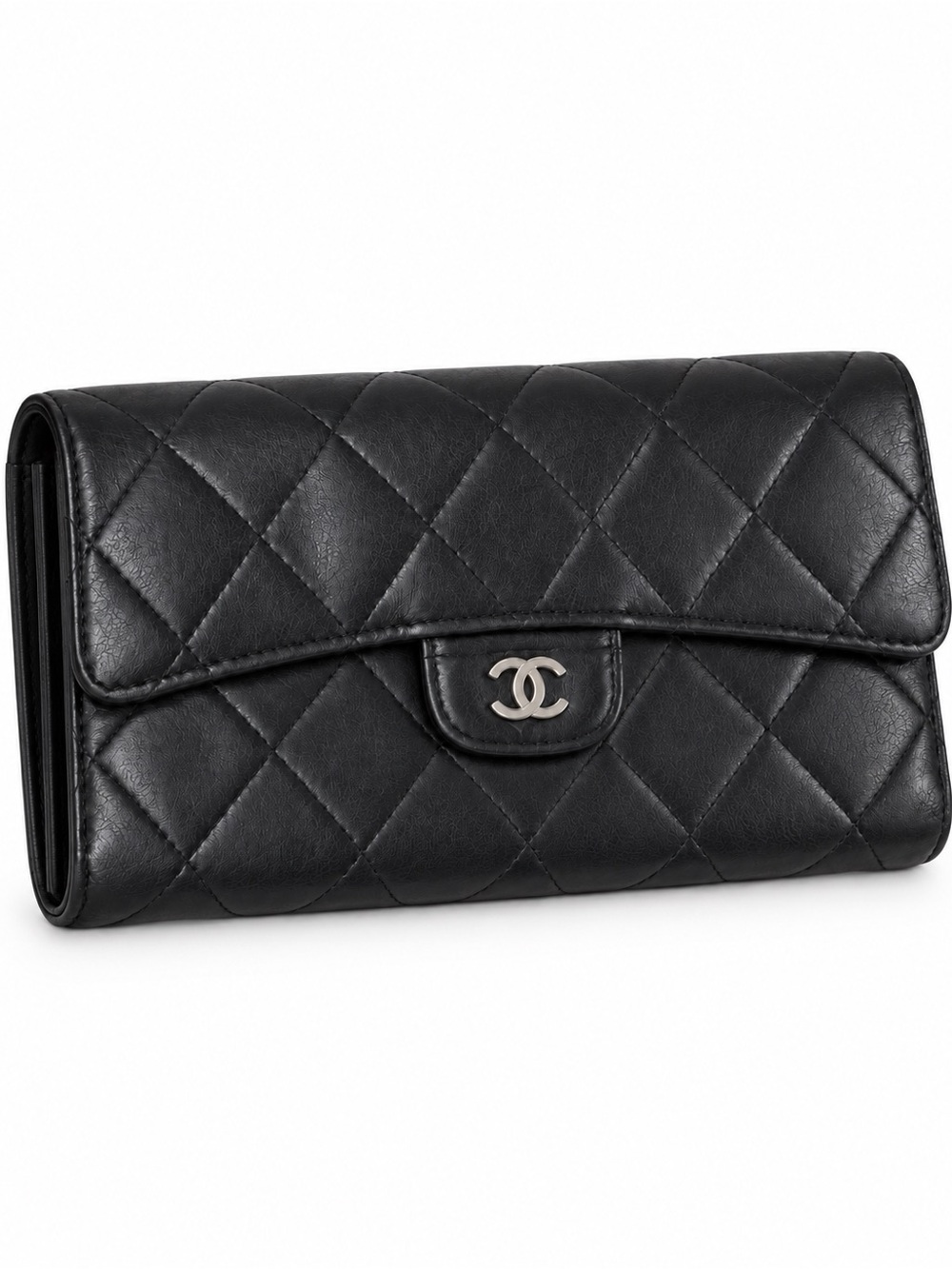 CHANEL Black Quilted Lambskin Flap Wallet Clutch Silver CC Logo
